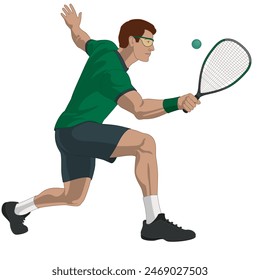 racquetball sport, male player striking the ball isolated on a white background