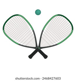 racquetball sport, two racquets crossed with ball centered isolated on a white background