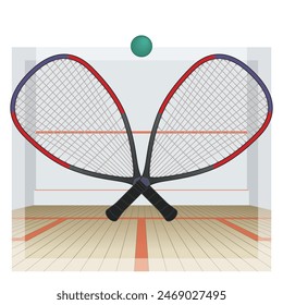 racquetball sport, two racquets crossed with ball centered and racquetball court in the background