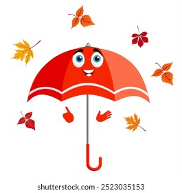 Personaje de paraguas de dibujos animados con cara y linda sonrisa feliz. Mascota de paraguas de dibujos animados. Protección contra la lluvia de Clima lluvioso. Otoño, cambio de Clima. Obra de arte original de Ilustración vectorial