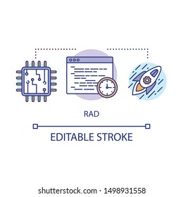 RAD concept icon. Rapid application development. Short term project. Deadline IT product launch idea thin line illustration. Website speed optimization vector isolated outline drawing. Editable stroke