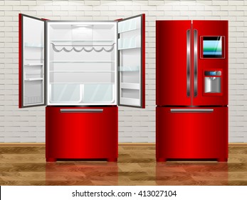 Rad open modern fridge. Rad closed modern fridge. Vector illustration fridge of the interior.