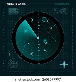 Radar air traffic control. Aircraft radar target screen. vector illustration