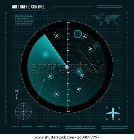 Radar air traffic control. Aircraft radar target screen. vector illustration