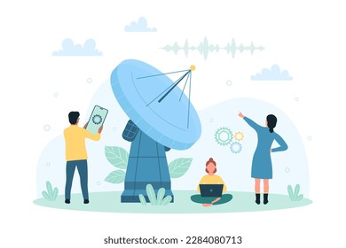 Radar antenna for telecommunication vector illustration. Cartoon tiny people connect to futuristic satellite dish for digital communication and surveillance, using laptop and mobile app in phone
