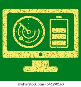 Radar Battery Control Monitor grainy textured icon for overlay watermark stamps. Flat symbol with dust texture. Dotted vector yellow ink rubber seal stamp with grunge design on a green background.