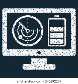 Radar Battery Control Monitor grainy textured icon for overlay watermark stamps. Flat symbol with dust texture. Dotted vector white ink rubber seal stamp with grunge design on a dark blue background.