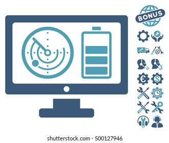 Radar Battery Control Monitor icon with bonus options images. Vector illustration style is flat iconic symbols, cyan and blue colors, white background.