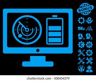 Radar Battery Control Monitor icon with bonus setup tools clip art. Vector illustration style is flat iconic symbols, blue color, black background.