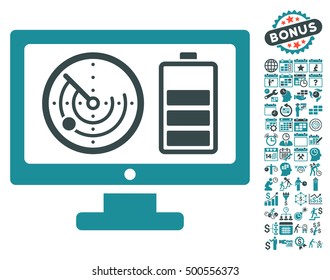 Radar Battery Control Monitor pictograph with bonus calendar and time management design elements. Vector illustration style is flat iconic symbols, soft blue colors, white background.