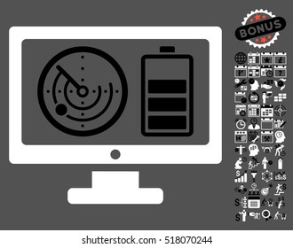 Radar Battery Control Monitor pictograph with bonus calendar and time service pictograms. Vector illustration style is flat iconic symbols, black and white colors, gray background.