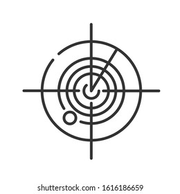 Radar black line icon. Marine or military radiolocating search system. Navy sonar. Detection screen. Location tracking. Sign for web page, mobile app, banner, social media. Editable stroke.