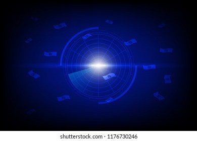 radar blue screen display scanning dollar banknote symbol 