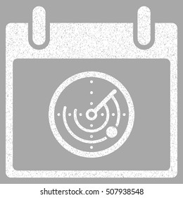 Radar Calendar Day grainy textured icon for overlay watermark stamps. Flat symbol with scratched texture. Dotted vector white ink rubber seal stamp with grunge design on a silver background.