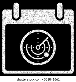 Radar Calendar Day grainy textured icon for overlay watermark stamps. Flat symbol with scratched texture. Dotted vector white ink rubber seal stamp with grunge design on a black background.