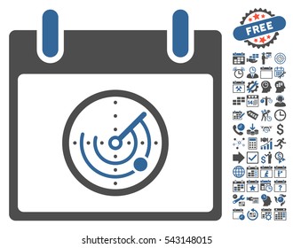 Radar Calendar Day icon with bonus calendar and time management symbols. Vector illustration style is flat iconic symbols, cobalt and gray, white background.
