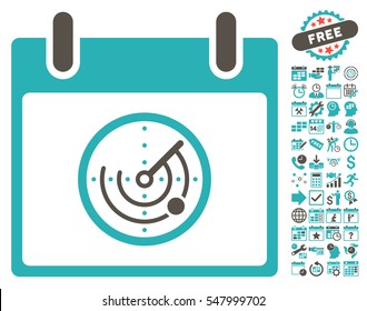 Radar Calendar Day icon with bonus calendar and time management symbols. Vector illustration style is flat iconic symbols, grey and cyan, white background.