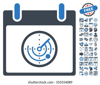 Radar Calendar Day icon with bonus calendar and time management pictograms. Vector illustration style is flat iconic symbols, smooth blue, white background.