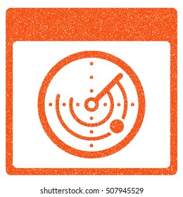 Radar Calendar Page grainy textured icon for overlay watermark stamps. Flat symbol with dust texture. Dotted vector orange ink rubber seal stamp with grunge design on a white background.
