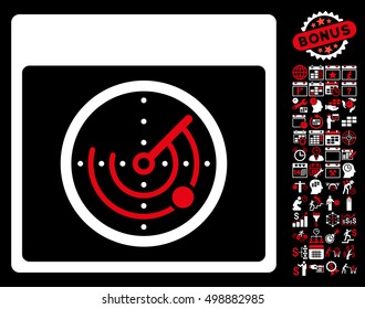 Radar Calendar Page icon with bonus calendar and time management design elements. Vector illustration style is flat iconic symbols, red and white, black background.