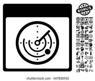 Radar Calendar Page icon with bonus calendar and time management graphic icons. Vector illustration style is flat iconic symbols, black, white background.