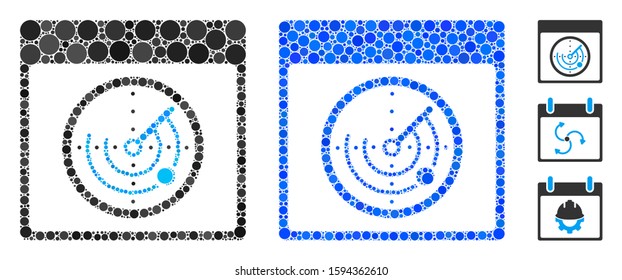 Radar calendar page mosaic of round dots in different sizes and shades, based on radar calendar page icon. Vector round elements are composed into blue mosaic.