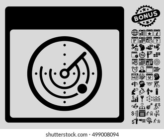 Radar Calendar Page pictograph with bonus calendar and time management design elements. Vector illustration style is flat iconic symbols, black, light gray background.