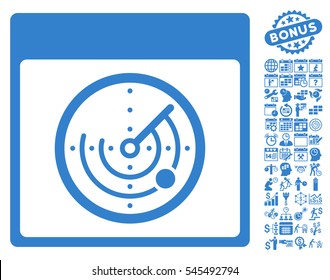 Radar Calendar Page pictograph with bonus calendar and time management graphic icons. Vector illustration style is flat iconic symbols, cobalt, white background.