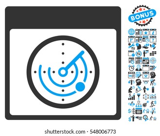 Radar Calendar Page pictograph with bonus calendar and time management pictograph collection. Vector illustration style is flat iconic symbols, blue and gray, white background.