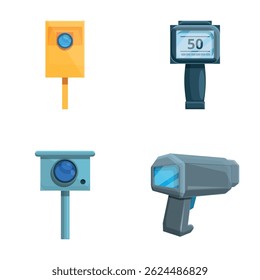 Radar camera icons set cartoon vector. Modern digital speed radar equipment. Limit speed tool