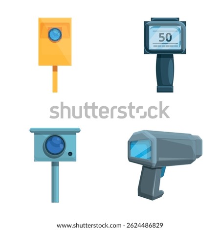 Radar camera icons set cartoon vector. Modern digital speed radar equipment. Limit speed tool
