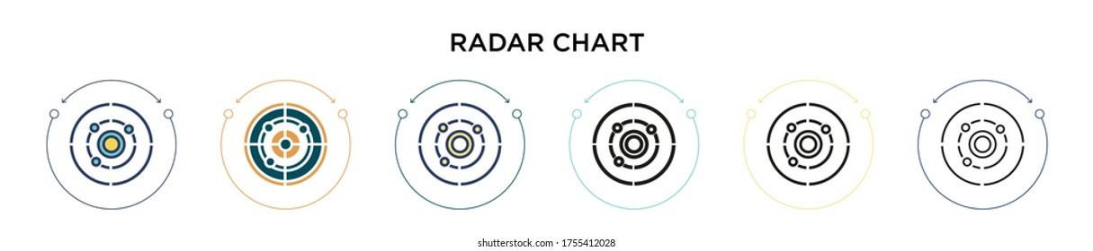 Radar chart icon in filled, thin line, outline and stroke style. Vector illustration of two colored and black radar chart vector icons designs can be used for mobile, ui, web