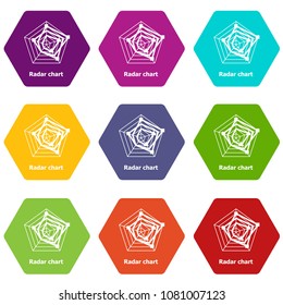 Radar chart icons 9 set coloful isolated on white for web