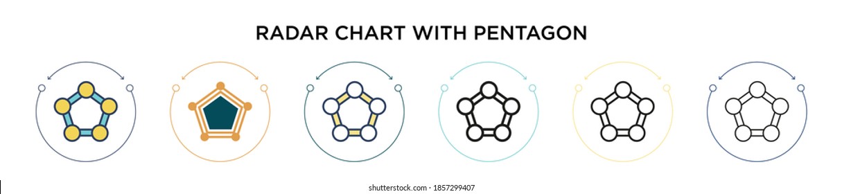 Radar chart with pentagon icon in filled, thin line, outline and stroke style. Vector illustration of two colored and black radar chart with pentagon vector icons designs can be used for mobile, ui, 