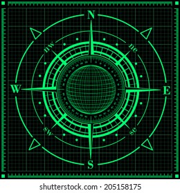 Radar compass rose with globe. Vector illustration.