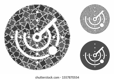 Radar composition of raggy pieces in different sizes and color tones, based on radar icon. Vector rough pieces are organized into composition. Radar icons collage with dotted pattern.