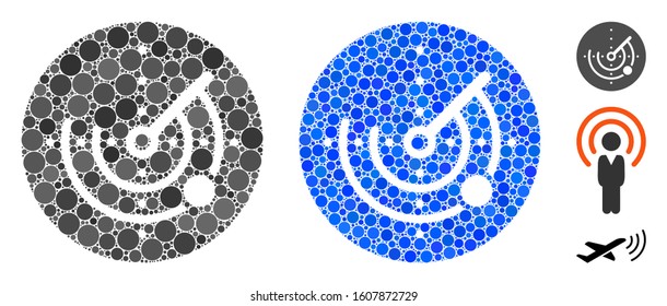 Radar composition of small circles in various sizes and shades, based on radar icon. Vector filled circles are grouped into blue illustration. Dotted radar icon in usual and blue versions.