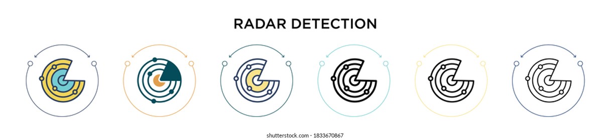 Icono de detección de radar en el estilo relleno, delgado, contorno y trazo. Ilustración vectorial de dos diseños de iconos vectores de detección de radares de color y negro para móviles, ui, web