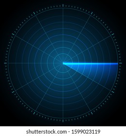 Radar Digital Blue Realistic with targets on monitor in searching. Air search . Military search system . Navigation interface wallpaper . Navy sonar. Vector illustration