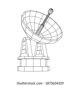 Radar. Directional radio antenna with satellite dish. Astronomy radio telescope . Wireframe low poly mesh vector illustration