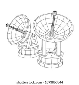 Radar. Directional radio antenna with satellite dish. Astronomy radio telescope . Wireframe low poly mesh vector illustration