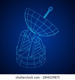 Radar. Directional radio antenna with satellite dish. Astronomy radio telescope . Wireframe low poly mesh vector illustration