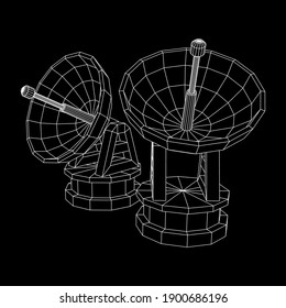 Radar. Directional radio antenna with satellite dish. Astronomy radio telescope . Wireframe low poly mesh vector illustration