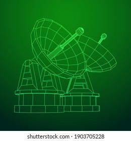 Radar. Directional radio antenna with satellite dish. Astronomy radio telescope . Wireframe low poly mesh vector illustration