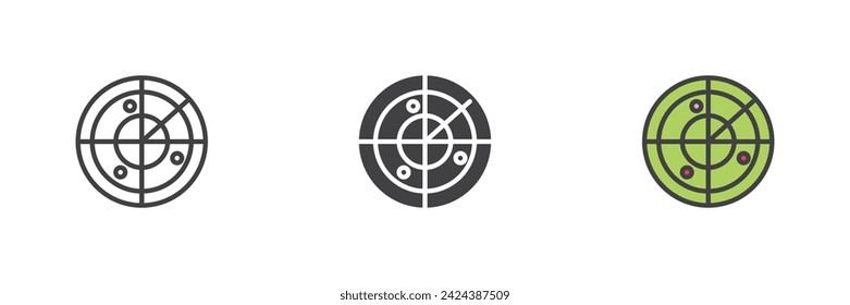 Radar with dots different style icon set. Line, glyph and filled outline colorful version, outline and filled vector sign. Symbol, logo illustration. Vector graphics