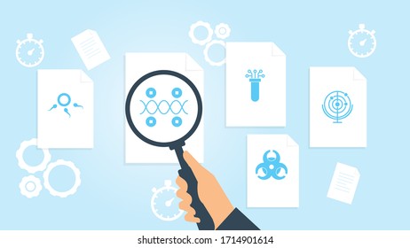 Radar file, document research vector illustration. Document with search icons. File and magnifying glass. Analytics research sign. Vector Illustration