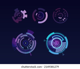 Objetos redondos radicales o futuristas, interfaz de hud y visualización con estadísticas y análisis de datos. Ilustración vectorial, ciberespacio y elementos de realidad virtual, panel o pantalla del proceso de juego