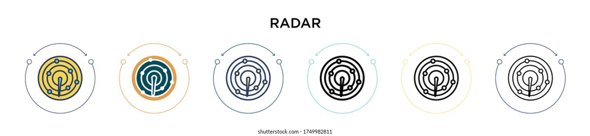 Icono de radar en el estilo relleno, delgado, contorno y trazo. Ilustración vectorial de dos iconos vectores de radar de color y negro se puede utilizar para móviles, ui, web