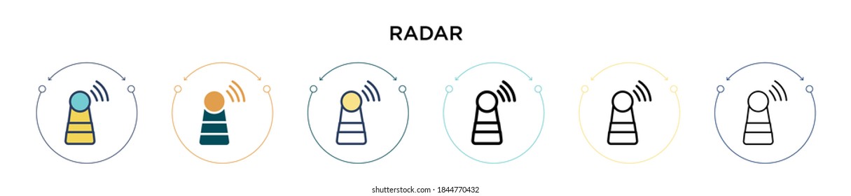 Icono de radar en el estilo relleno, delgado, contorno y trazo. Ilustración vectorial de dos iconos vectores de radar de color y negro se puede utilizar para móviles, ui, web