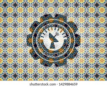 radar icon inside arabic badge. Arabesque decoration.